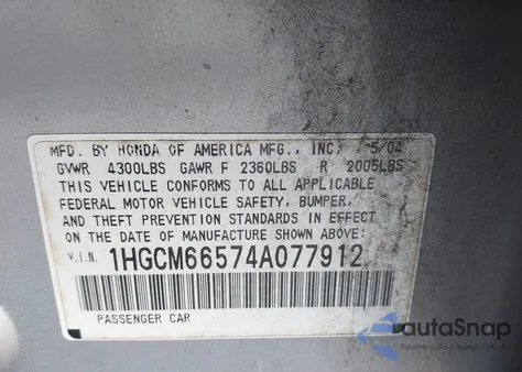 2004 Honda Accord 3.0 Ex from USA, damaged, VIN 1HGCM66574A077912